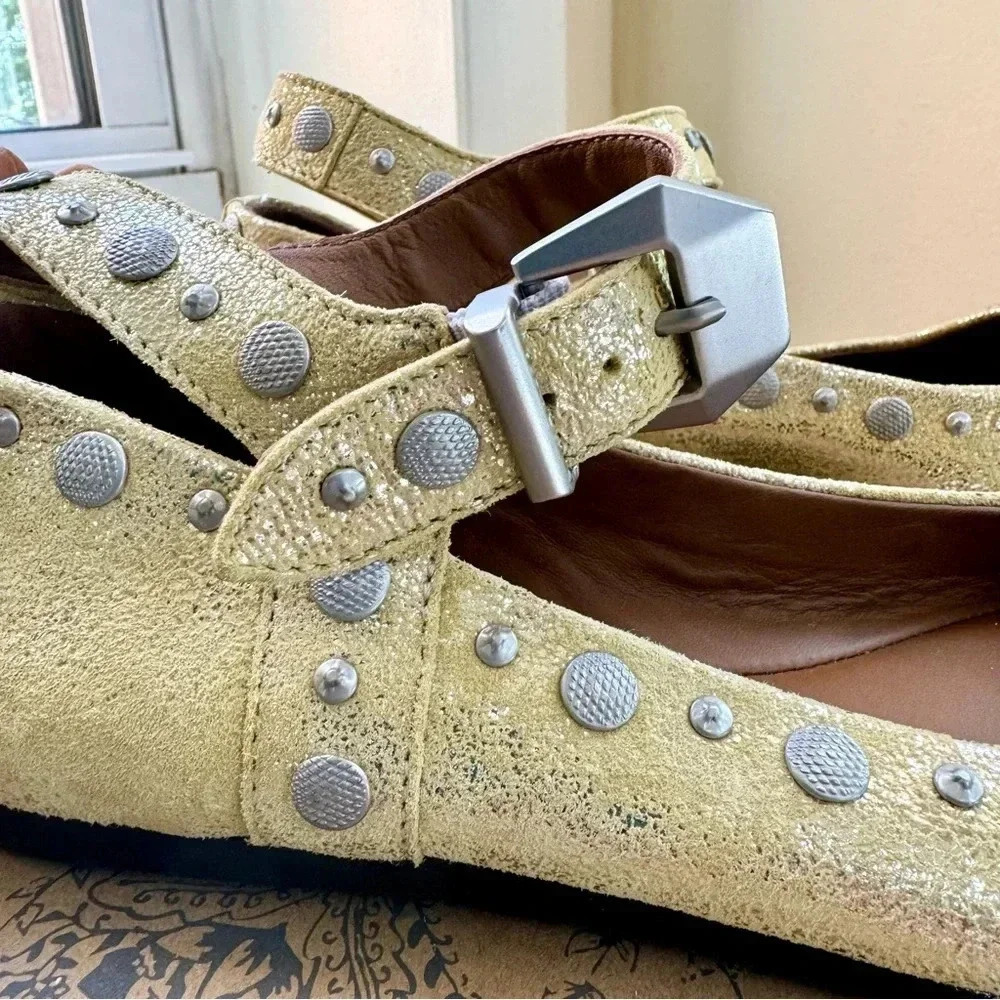 New Free People Mystic Mary Jane Flats Studded Yellow 7 - Picture 4 of 15